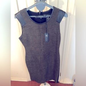 Black and Brown body-con with Faux Leather on Collar and Sleeves.